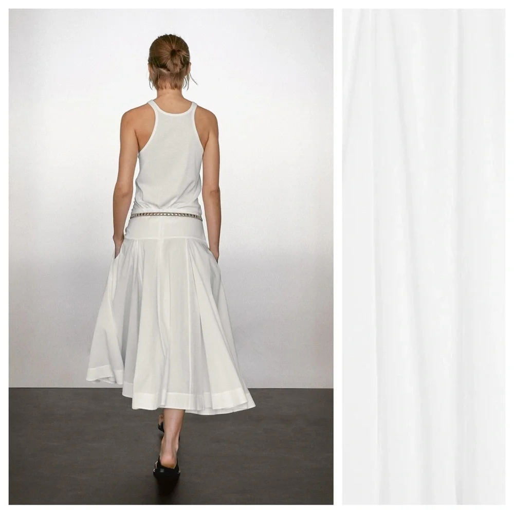 NWT. Massimo Dutti White 100% Cotton Midi Skirt with Yoke Detail. Size 2. - Picture 4 of 12